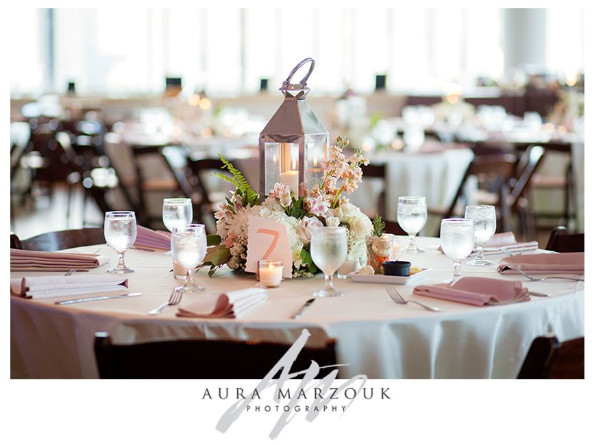 Pink rose and white hydrangea lantern centerpieces at the Mint Museum wedding. © Aura Marzouk Photography, Greensboro Wedding Photographer