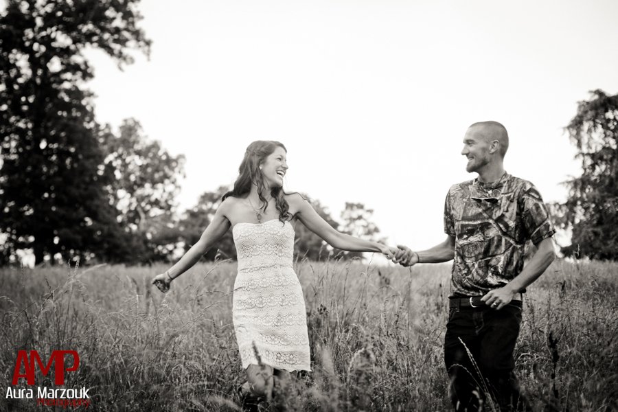 Bride and groom wear casual outfits for their outdoor portraits in Seagrove NC. © Aura Marzouk Photography