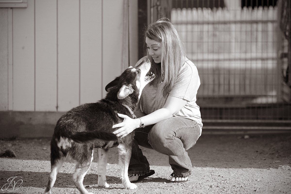 happy rescue dog with shelter volunteer