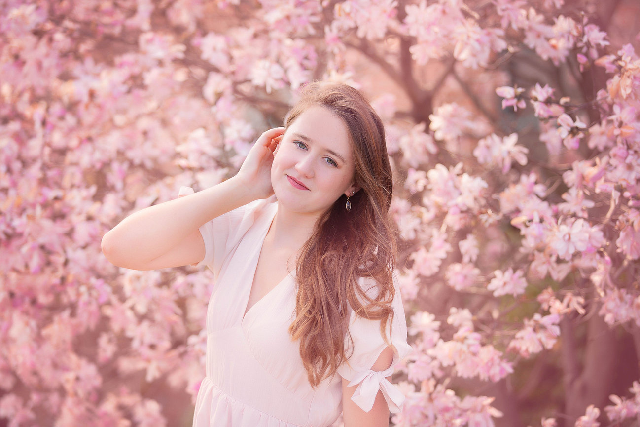 Mya’s Spring Senior Session with Cherry Blossoms and Softball - Senior Pictures in Columbia Missouri