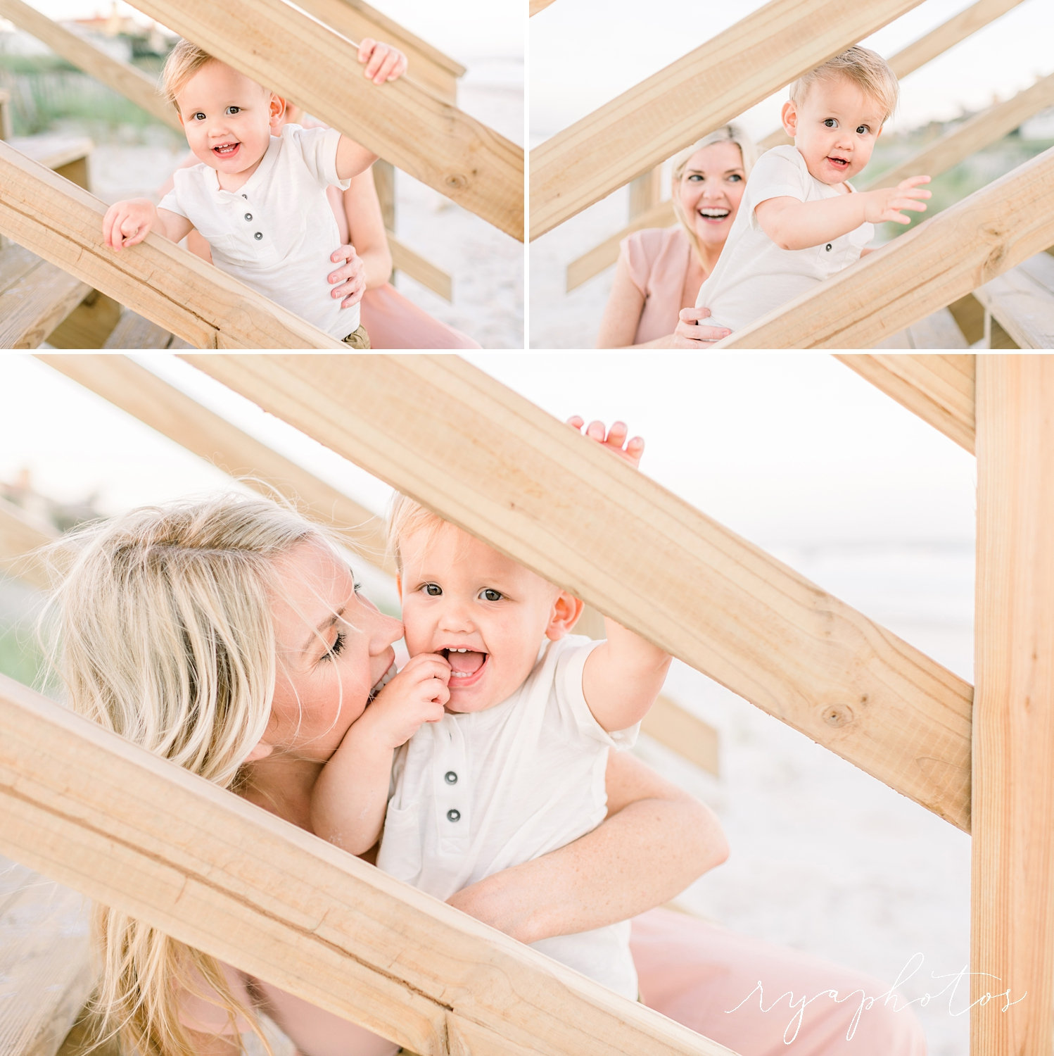 toddler boy and mom playing under beach boardwalk, Ponte Vedra Beach, Ryaphotos