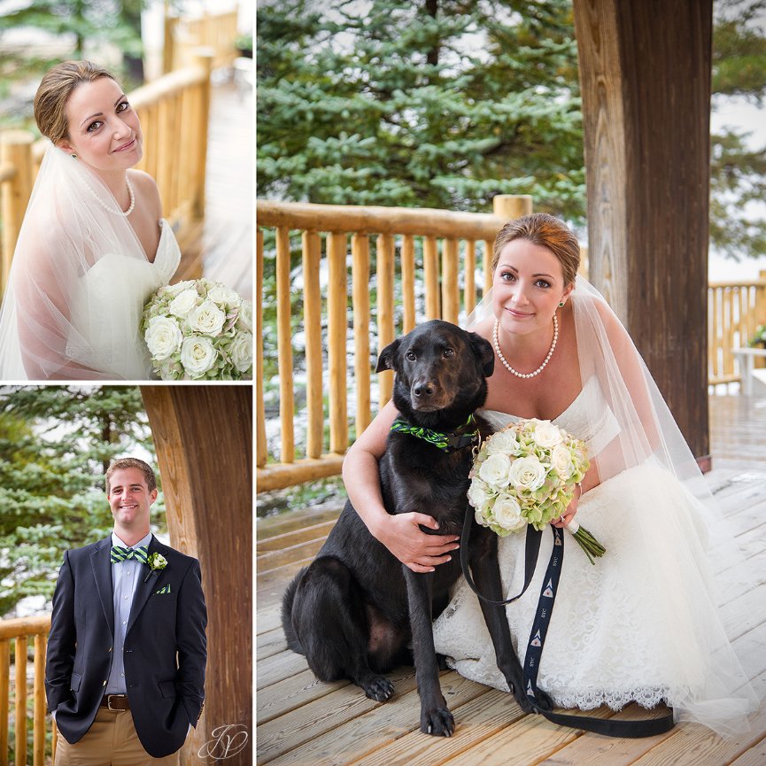 beautiful bride with her dog on wedding day