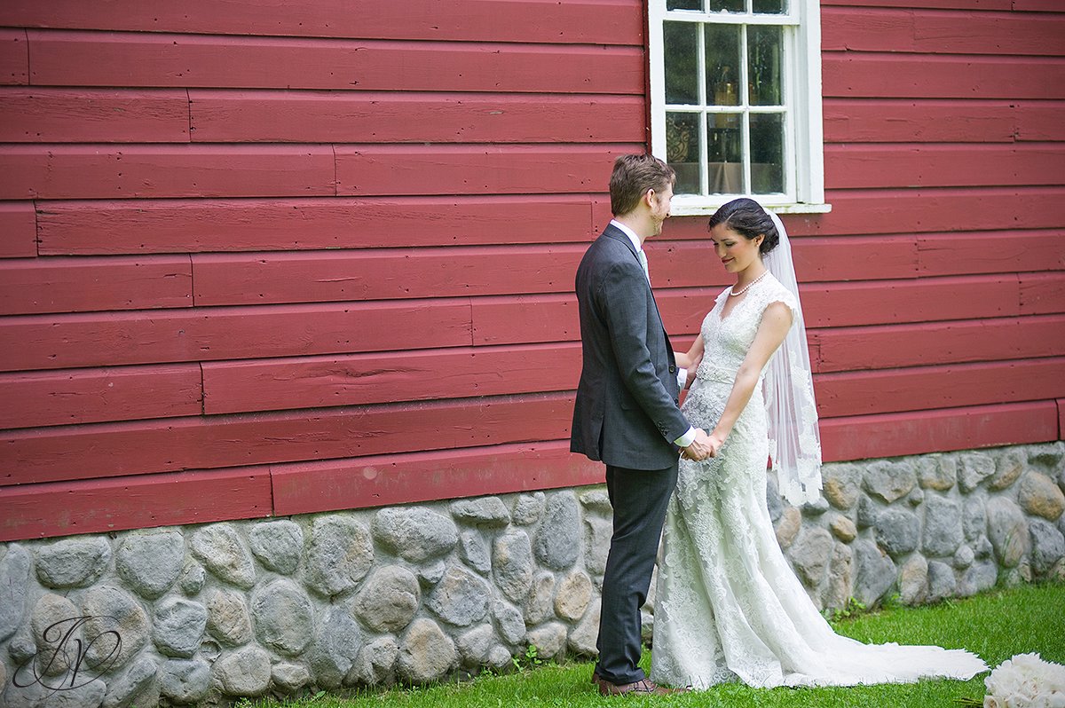 bride and groom in front of barn, first look at pruyn house, bride and groom portrait, pruyn house wedding, Wedding at The Pruyn House, Albany Wedding Photographer