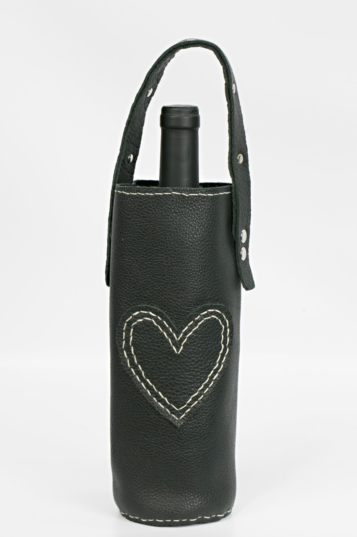 Single Wine BagBlack with White Stitched Heart West Texas Leather