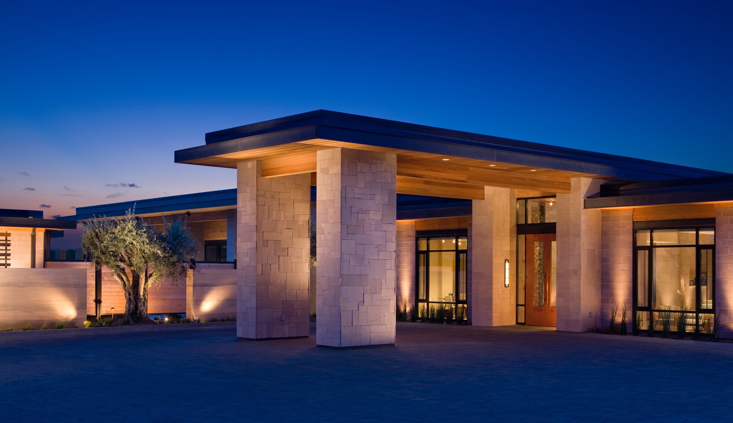 Bardessono Hotel Exterior with well designed modern Architecture at night in Yountville Napa Valley.