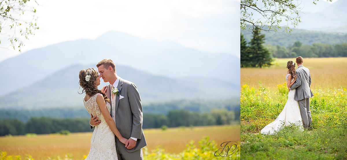 scenic bridal portrait in front of mountain lake placid