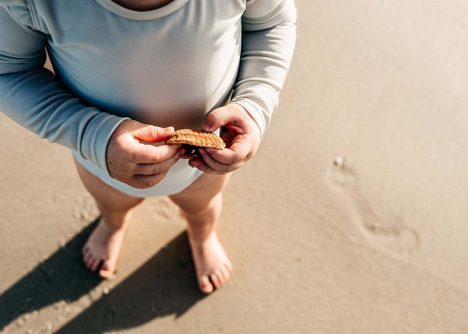 toddler holding a shell, footprint in the sand, Florida beaches, Ryaphotos