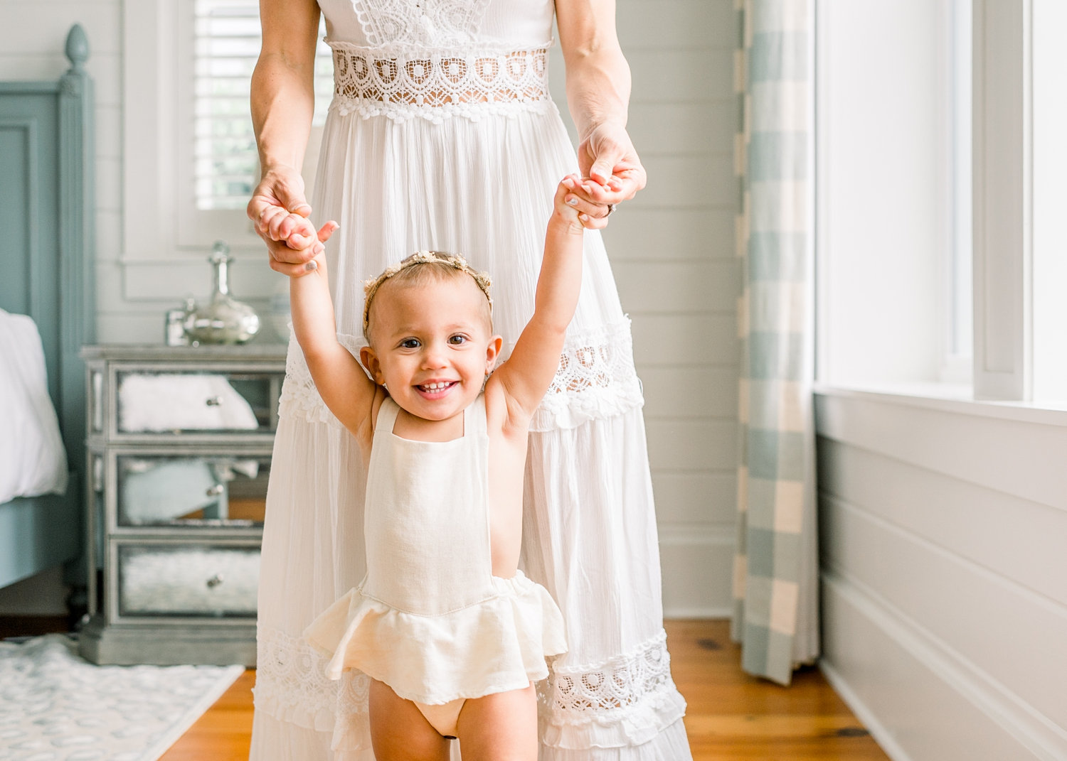 french country master bedroom inspiration, white bedroom inspo, mom holding baby daughter's hands, Rya Duncklee, Shop James