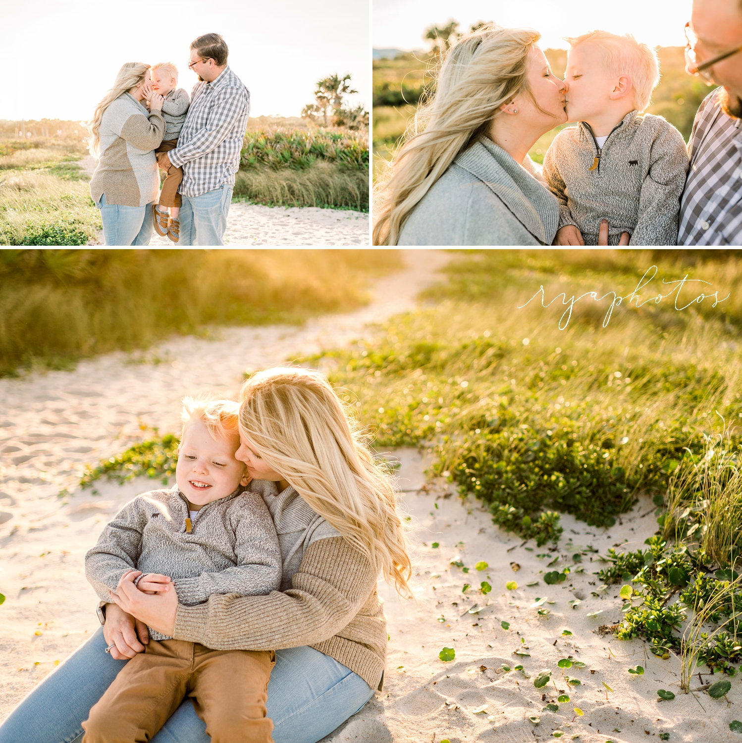 image collage, mother and father with young son, cozy beach outfits, Ryaphotos