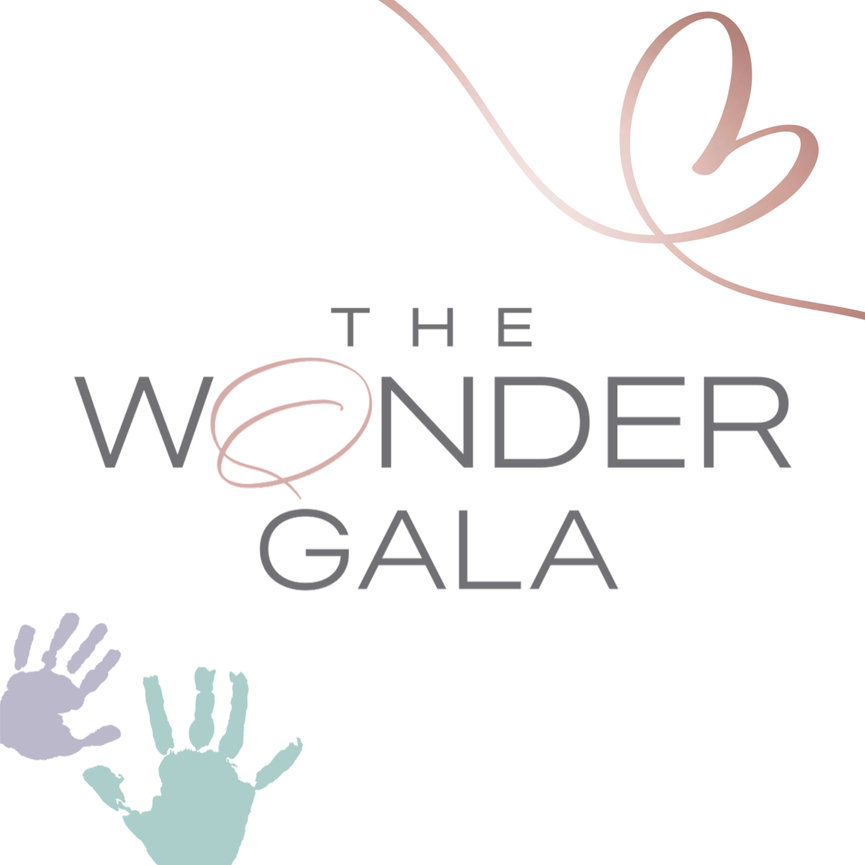 The Wonder Gala logo with pastel handprints and a stylized heart ribbon design.