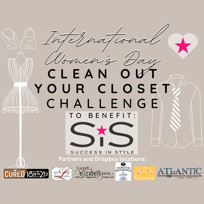 Women’s Day clean out your closet challenge flyer with a pink star and sponsor logos