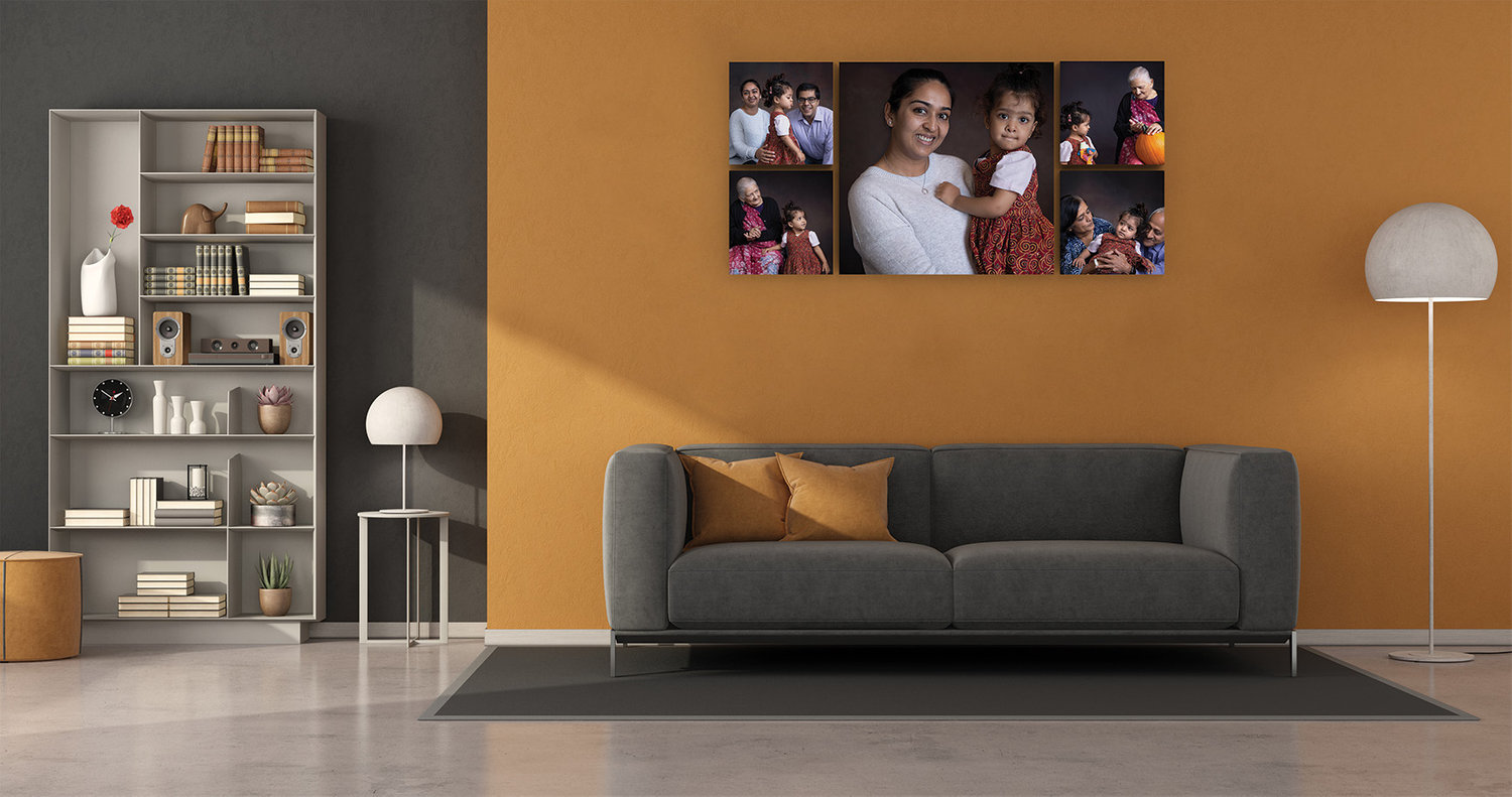 Multi-generational family portrait wall art collection displayed as a cohesive and meaningful statement for the home