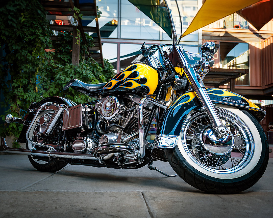 Custom Harley-Davidson Electra Glide motorcycle with flame detailing, captured during a professional photoshoot in Springville, Utah. Captured by Tre Nelson Photo.