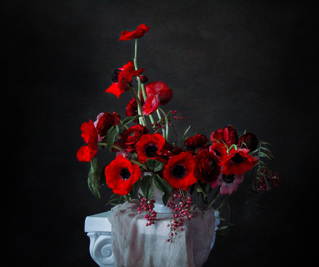 Red floral arrangement mixing fine art and garden inspiration