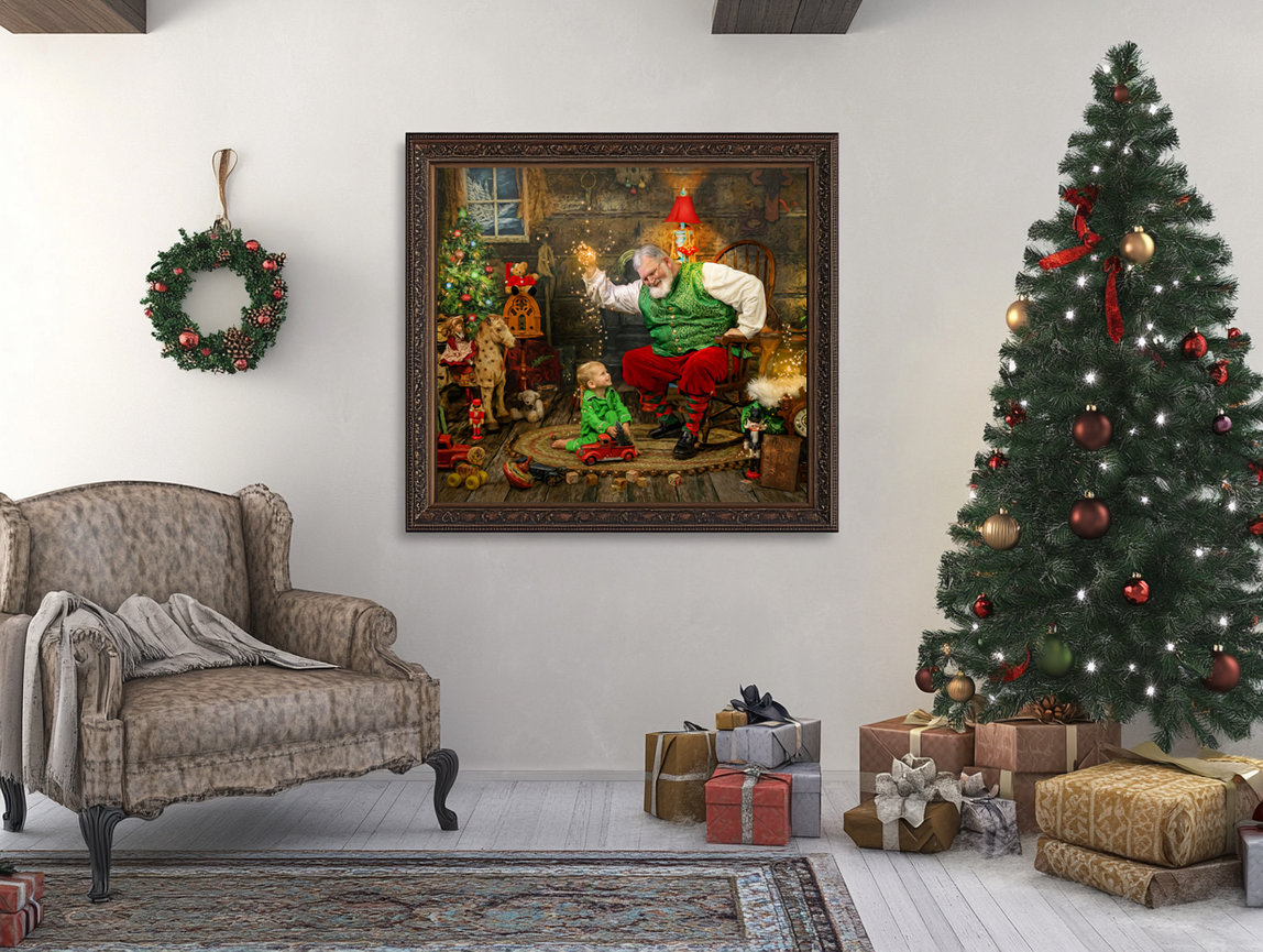 Framed holiday portrait of Santa Claus and a child in green pajamas sharing a magical moment, displayed in a festive living room decorated for Christmas.