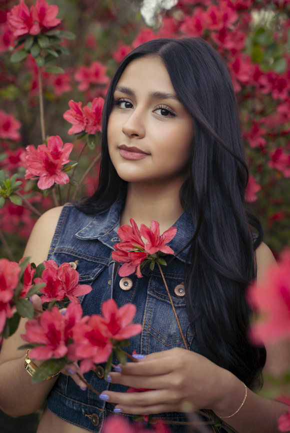 senior girl azaleas flowers