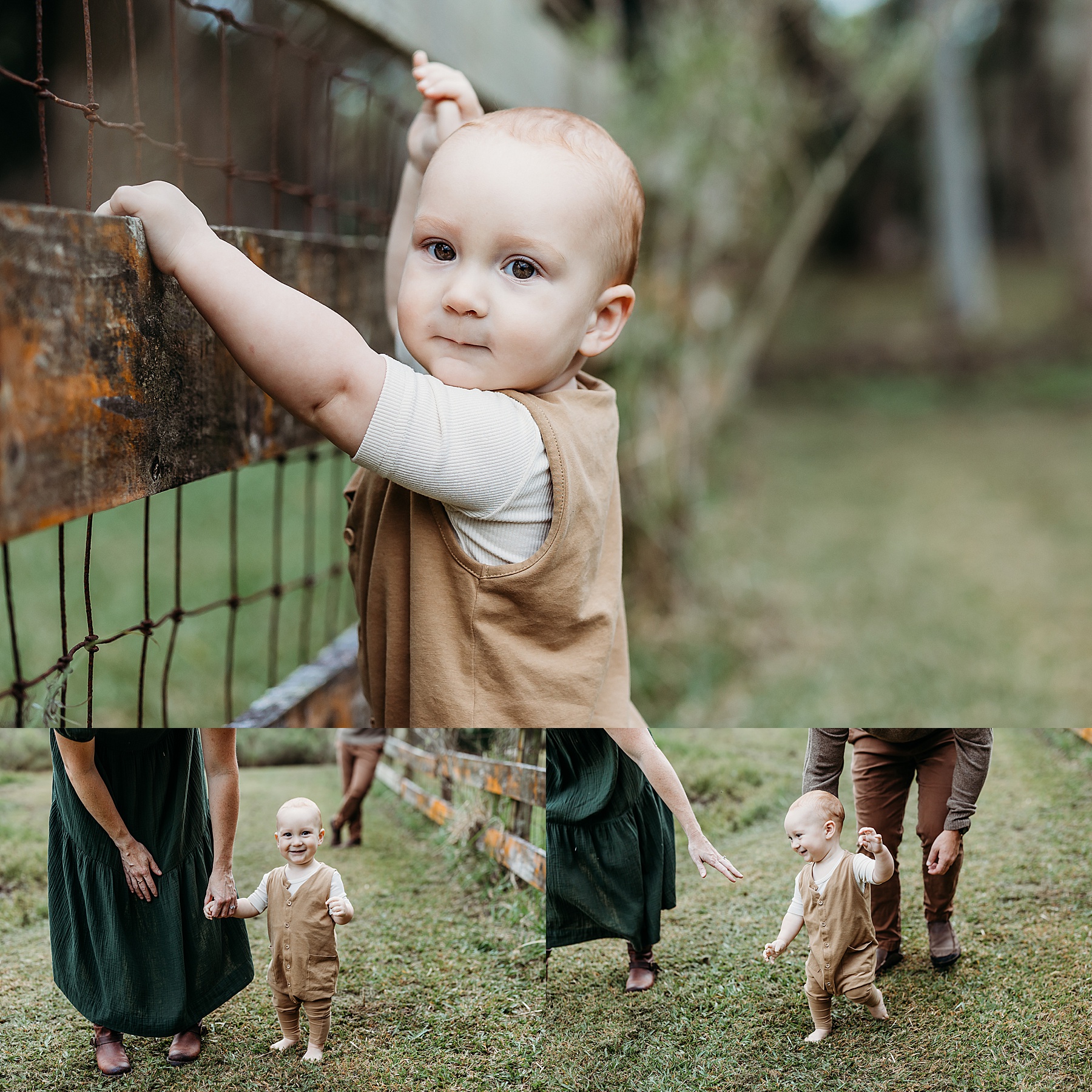 baby boy standing in neutral clothing barefoot in the grass by fence