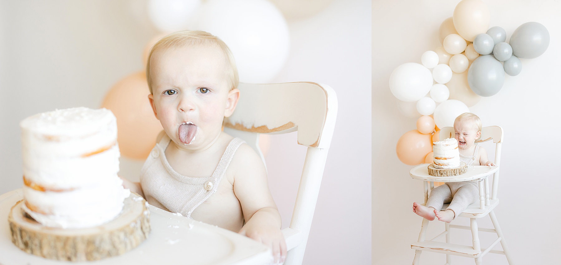 baby boy licking birthday cake and crying in white high chair
