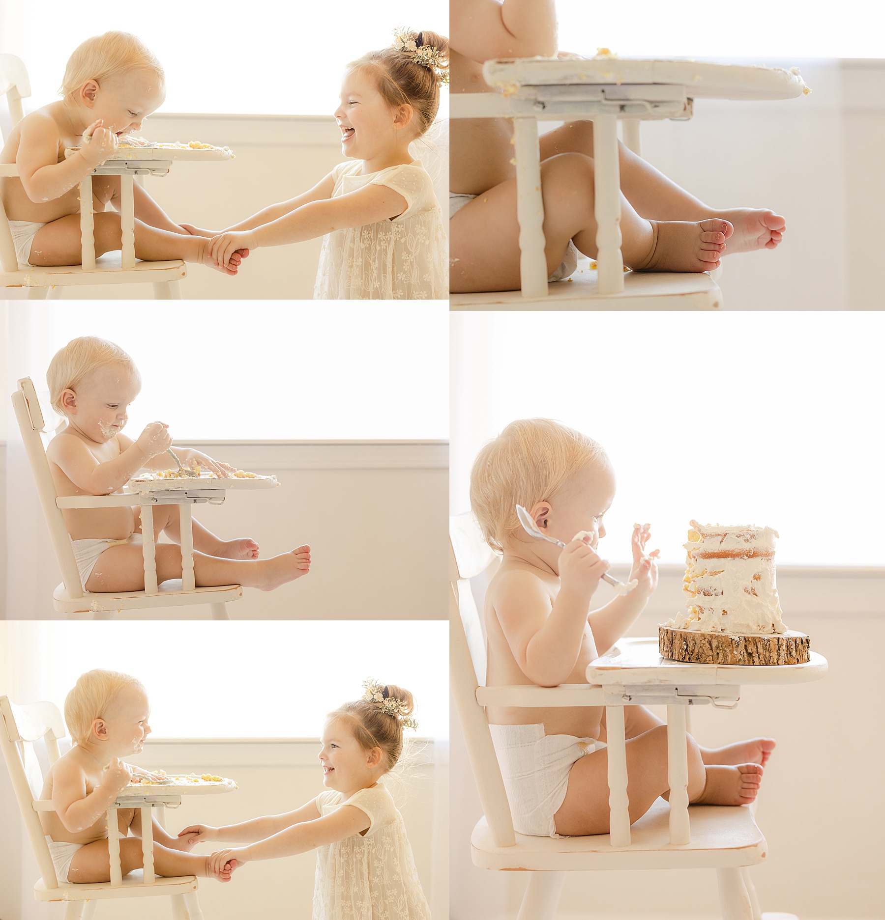 baby boy in a diaper with little girl playing with white cake in a white high chair