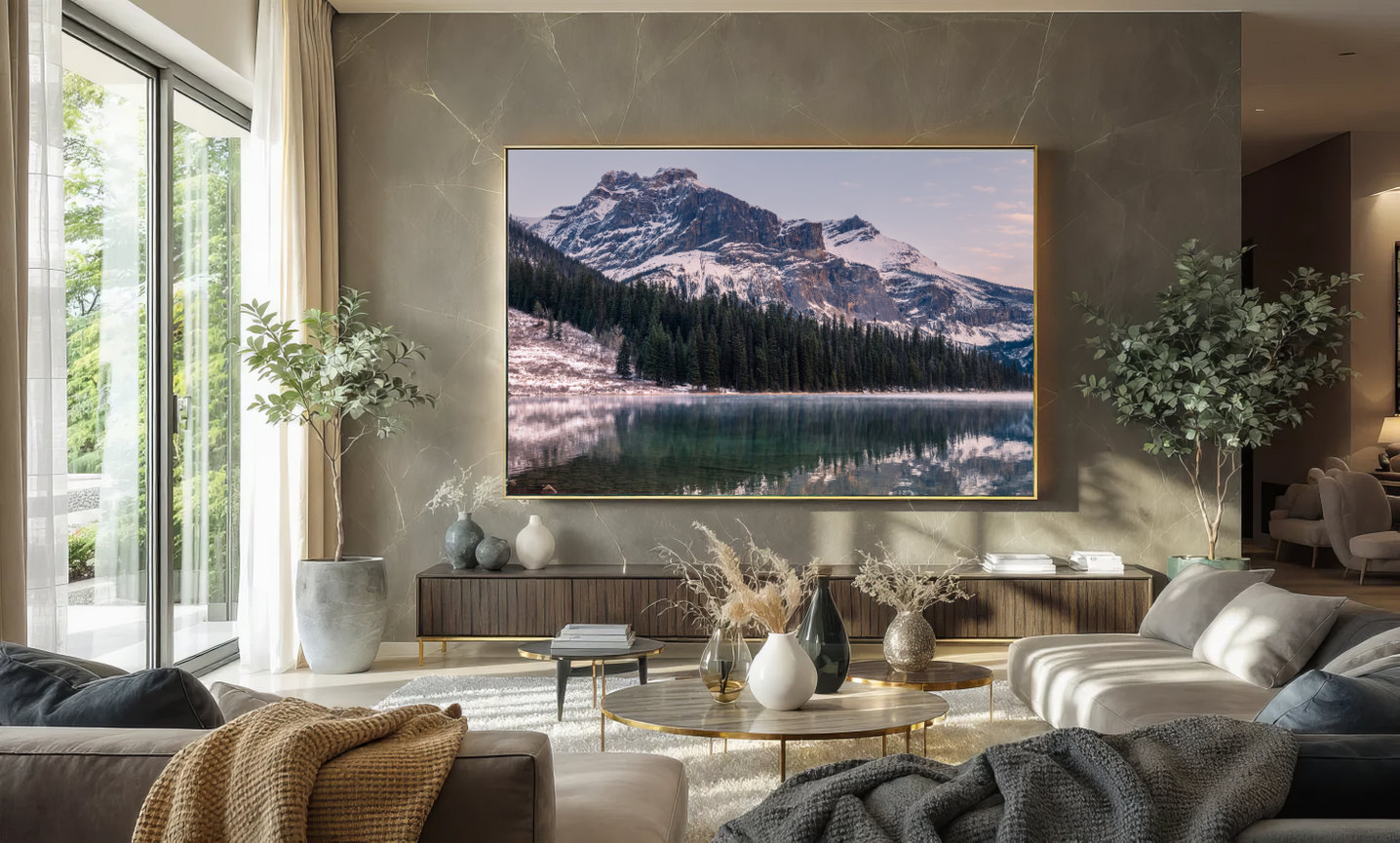 Sunrise at Emerald Lake by Andrea Bruns Photography a custom wall art display in a luxury living room.