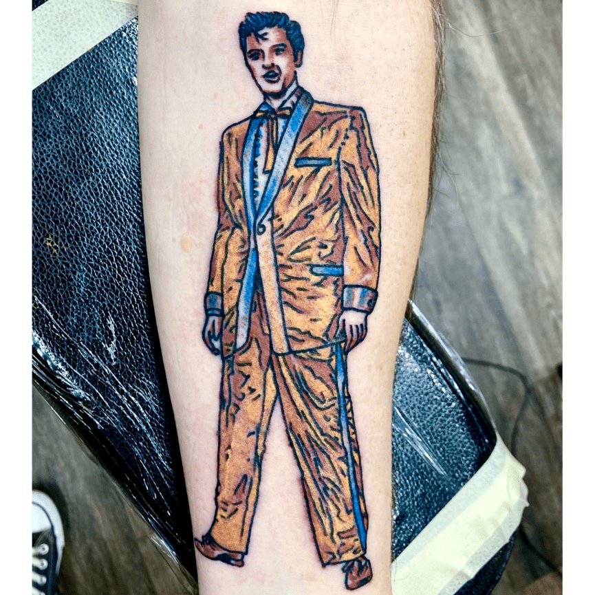 Color Tattoo of Elvis Presley inspired by “ 50,000,000 Elvis Fans Can't Be Wrong: Elvis' Gold Records, Volume 2” album cover made by Beam at Torch Tattoo located in Orange County, California.