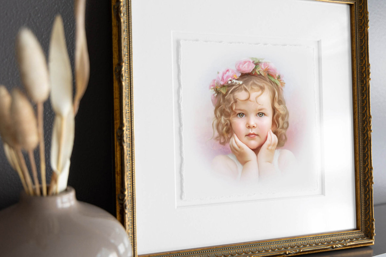 Delicate pastel portrait of a child with soft pink undertones and traditional framing.