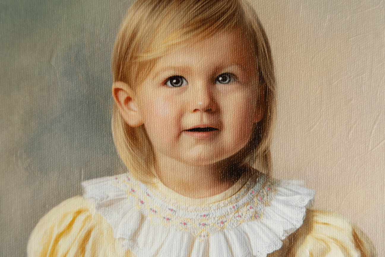 Classic oil portrait of a toddler in vintage-inspired studio lighting.