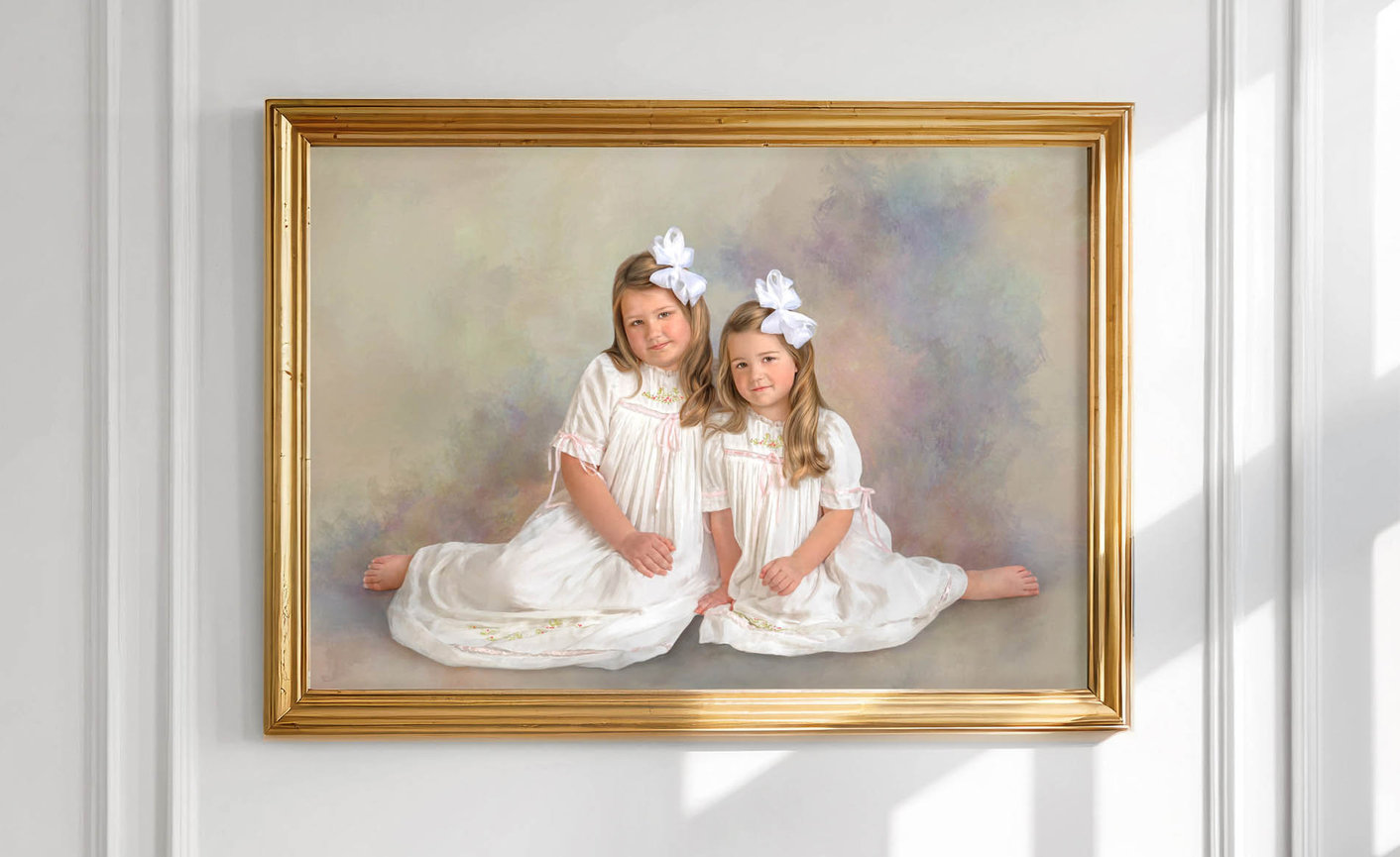 Timeless studio oil portrait of a sisters in heirloom clothing.