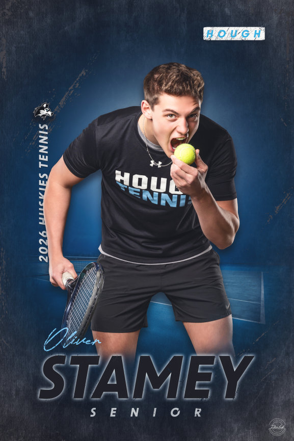 A tennis player poses with a racket, playfully biting a tennis ball, wearing a Hough Tennis shirt. Text reads Oliver Stamey Senior.