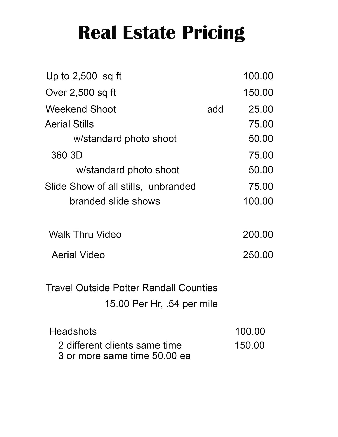 PRICING Randy Photography