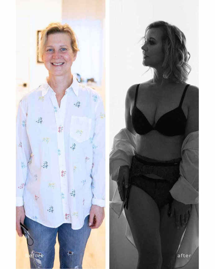 before and after photo of woman in oversized white shirt, Calgary portrait studio