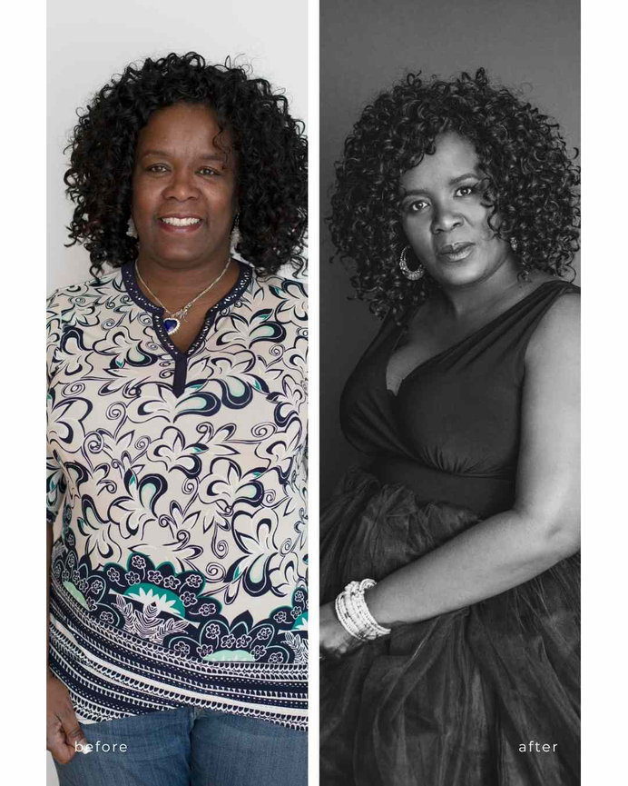 before and after photo of a 50+ woman in black tulle skirt, Calgary portrait studio