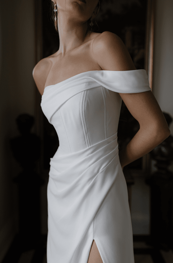 knee length dresses for ladies Minimalist Elegant Off-the-Shoulder White Dress – HAREM's Brides main image 1