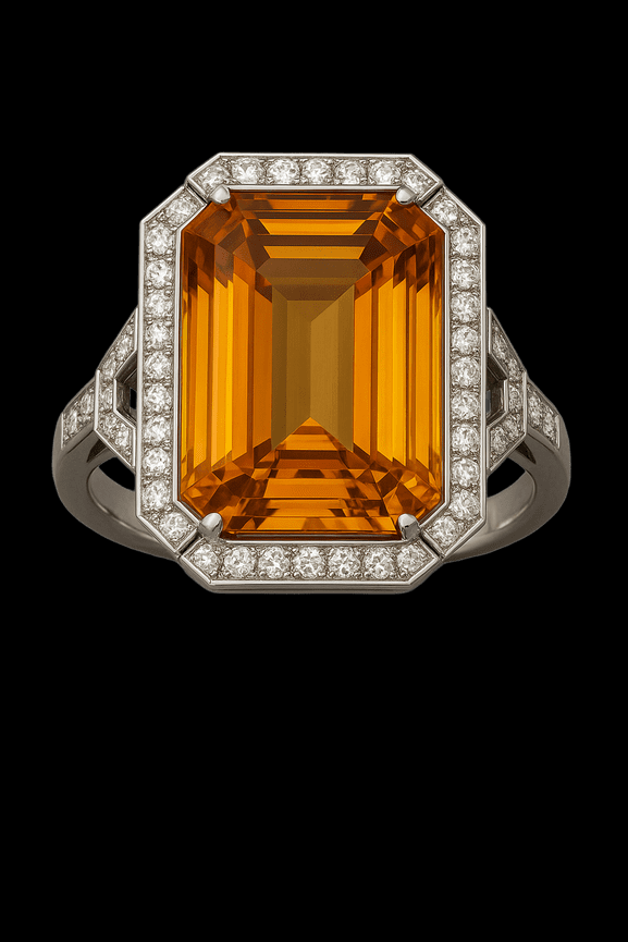 Elegant platinum ring featuring a large emerald-cut citrine gemstone surrounded by a halo of round brilliant-cut diamonds, set against a black background