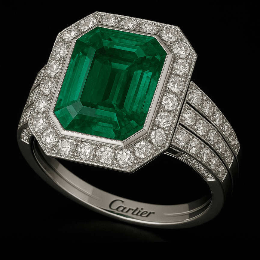 Platinum Cartier ring featuring a large emerald-cut green emerald surrounded by two rows of round brilliant-cut diamonds, with diamond-set triple-split shoulders, against a black background.