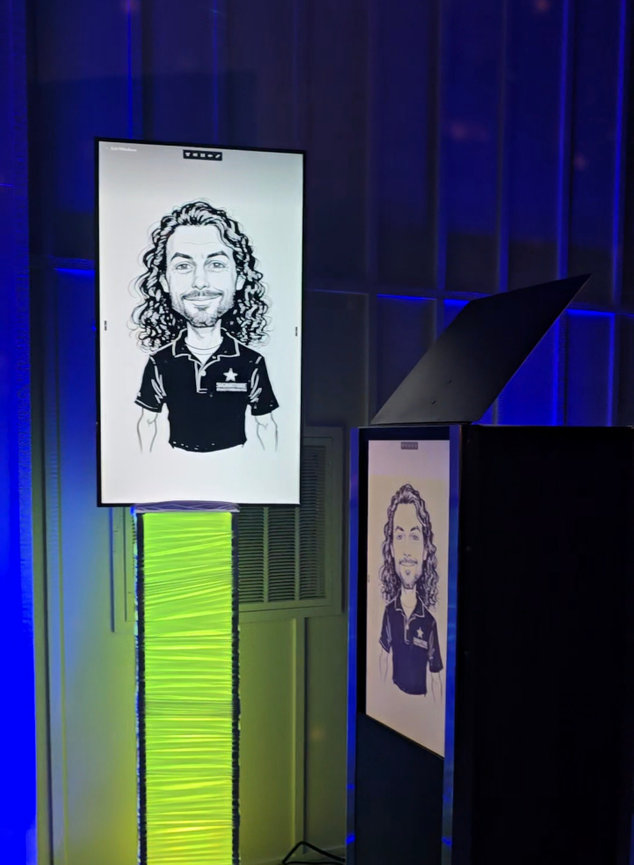 AI photo booth portrait rendered in a hand-drawn sketch style on the 50 inch Slideshow