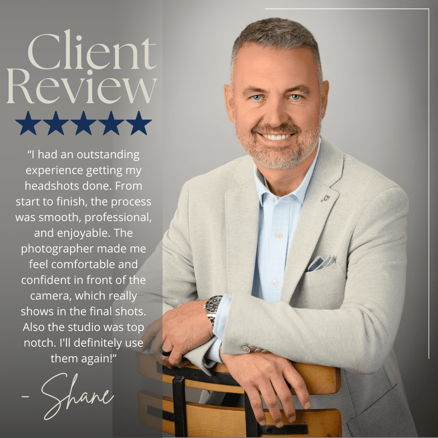 Man in a light suit sitting on a chair next to a client review with five blue stars.