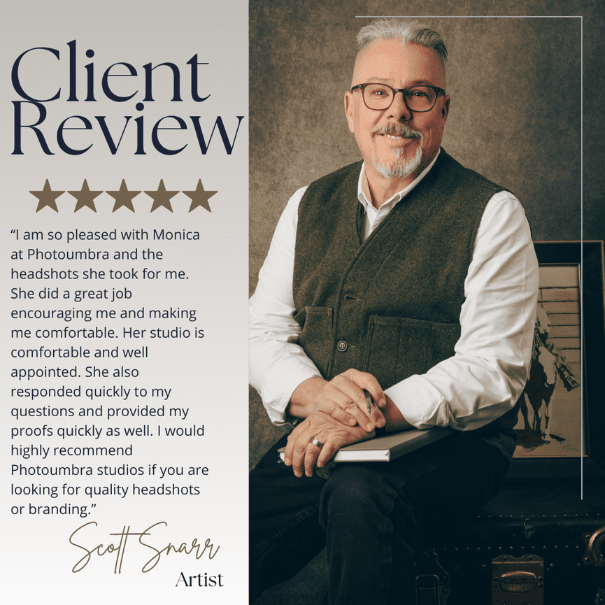 Client review graphic showing a seated man in a studio, praising Monica at Photumbra for excellent headshots and service.