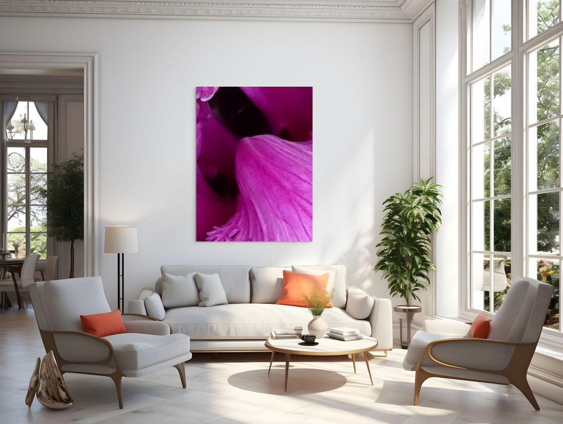 Purple floral-themed art in living room