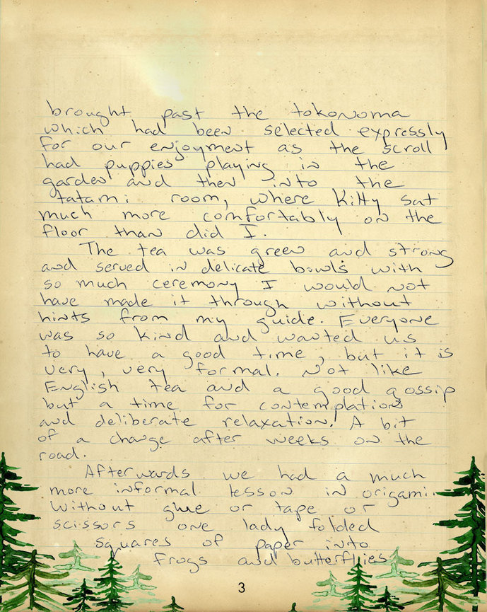 Page three of Katharine’s handwritten letter about Kitty and the one thousand folded origami cranes.
