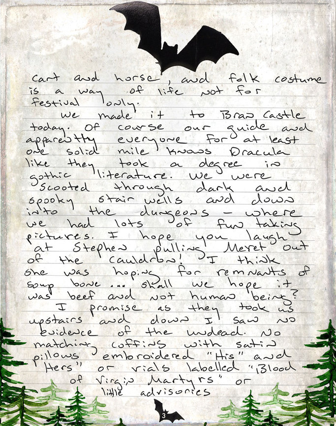 Page three of Katharine’s handwritten Transylvania dispatch about Bran Castle, its dungeons and Meret investigating the cauldron.