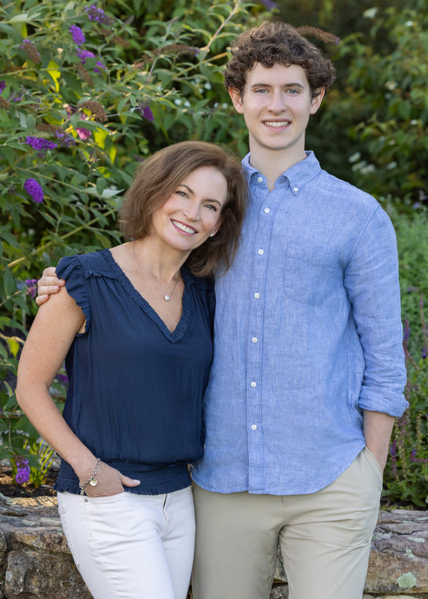 outdoor summer mother and high school senior son portrait by stone wall westwood ma