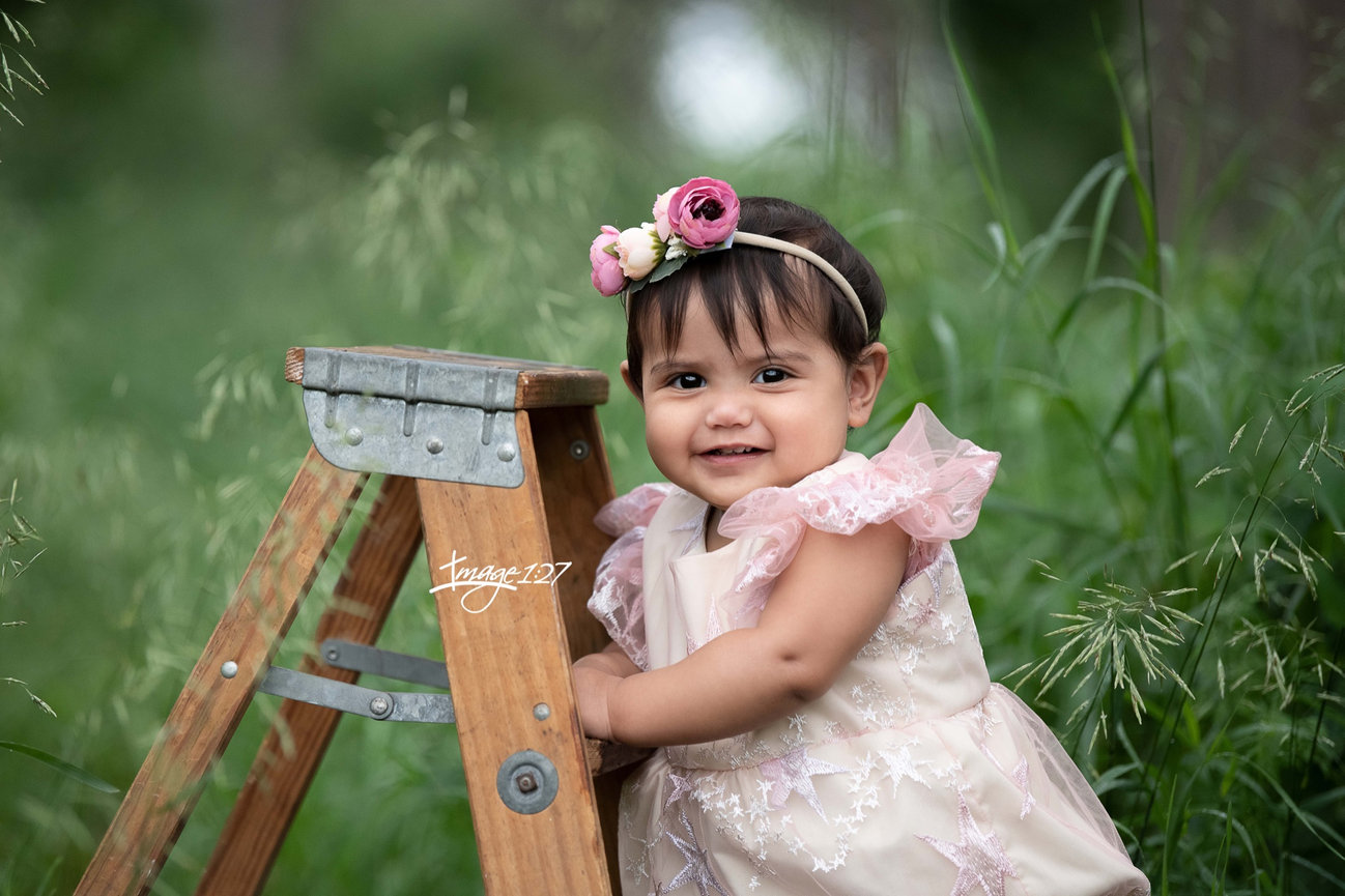 A toddler in a pink dress with lace details smiles while holding a wooden step ladder, captured perfectly by Elgin, Illinois photography. She wears a floral headband adorned with pink and white flowers in the lush green outdoor setting.
