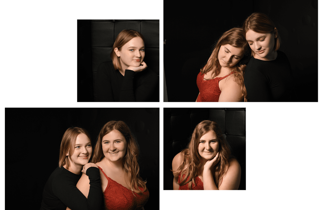 Loving twin sisters Avery and Sophia hugging at Kliks Photography.