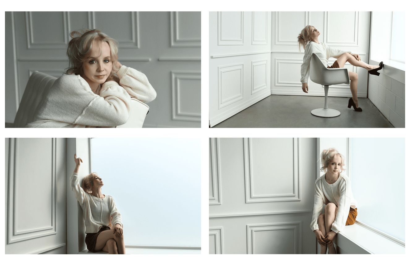 A girl wearing a comfortable white cotton sweater during her senior session at Kliks Photography.