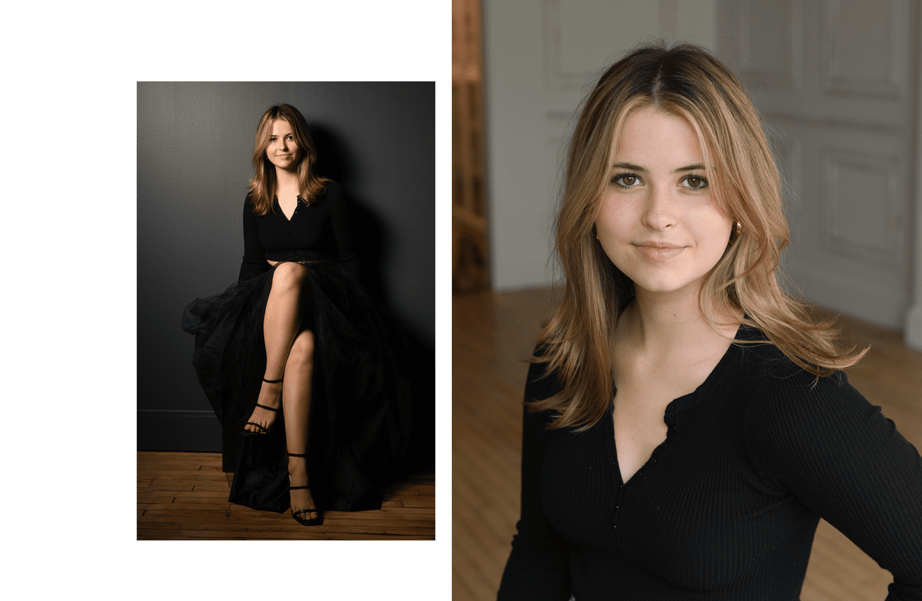 An elegant senior gal in a long sleeved black gown poses at the Kliks Photography studio in Cedar Rapids, Iowa.