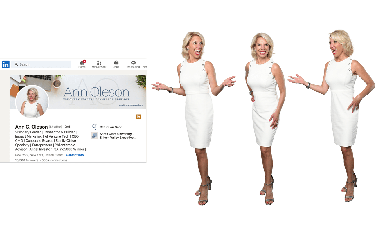 Body shots of Ann in a white dress posing as she would during a lecture.