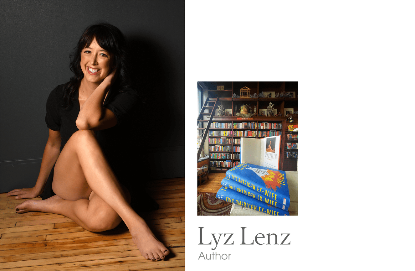 Lyz Lenz sits on a vintage wooden floor for her author bio photo for This American Ex-Wife.