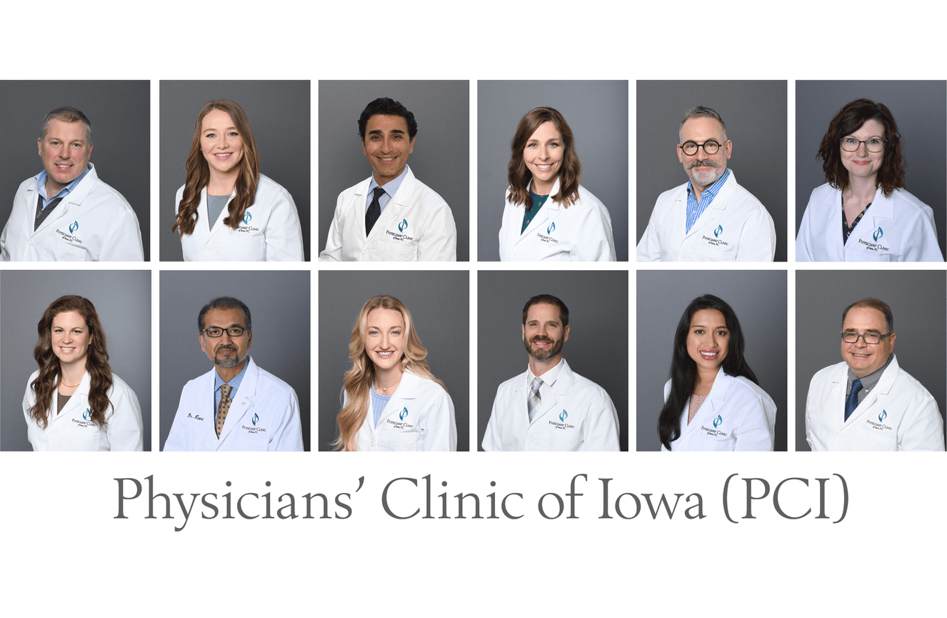 Twelve headshots of doctors of Physicians' Clinic of Iowa wearing their white PCI lab coats.