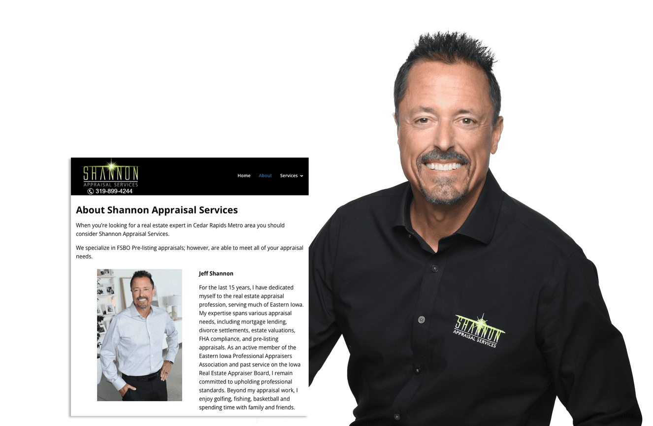 Two friendly images of house appraiser Shannon for his bio page on his website.